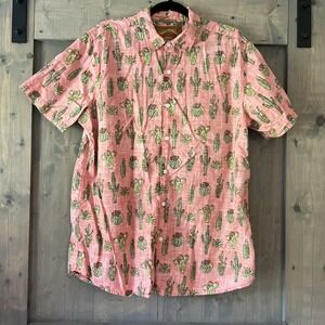 Red Camel Button Up Shirt Men's XL Cactus Hawaiian Style Shirt Coral Pink Cotton